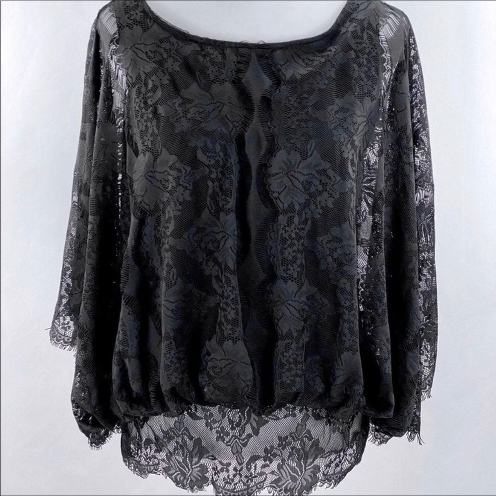 Black Lace Blouse with Sheer Lace Batwing Sleeves